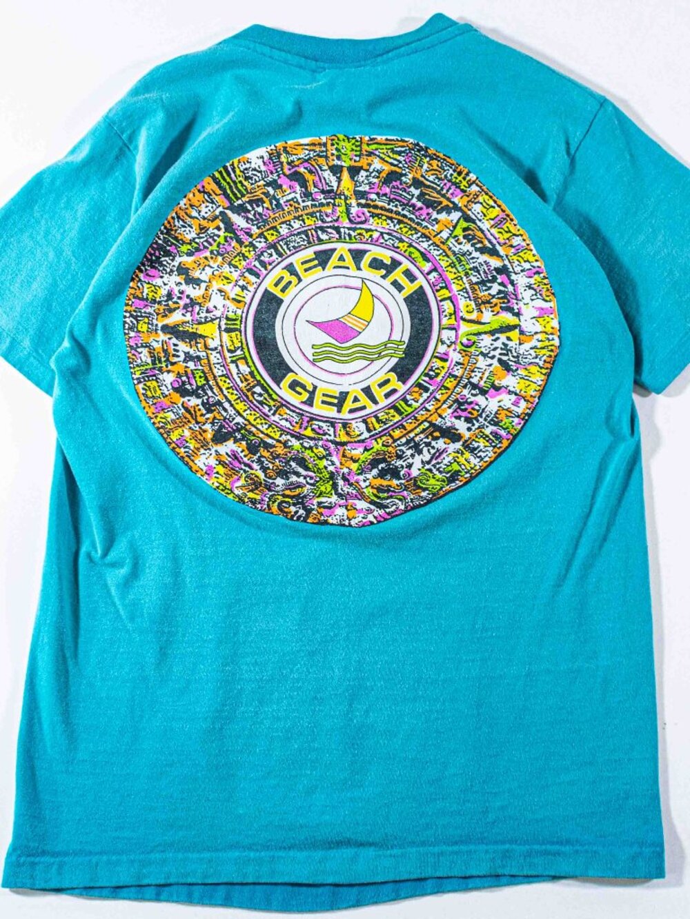 Vtg 90s Beach Gear Surf Skate Ocean Neon T-Shirt Medium Pop Art Sun Fade
